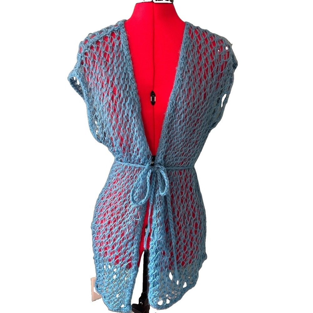 Hand Crocheted Blue Mesh Cardigan Vest One Size Open Front Tie Belt Boho